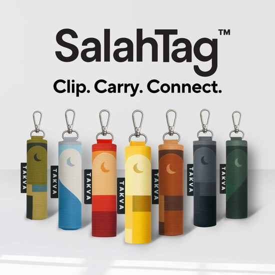 SalahTag portable prayer mats in 7 colors with carabiner clips, tagline Clip Carry Connect by TAKVA